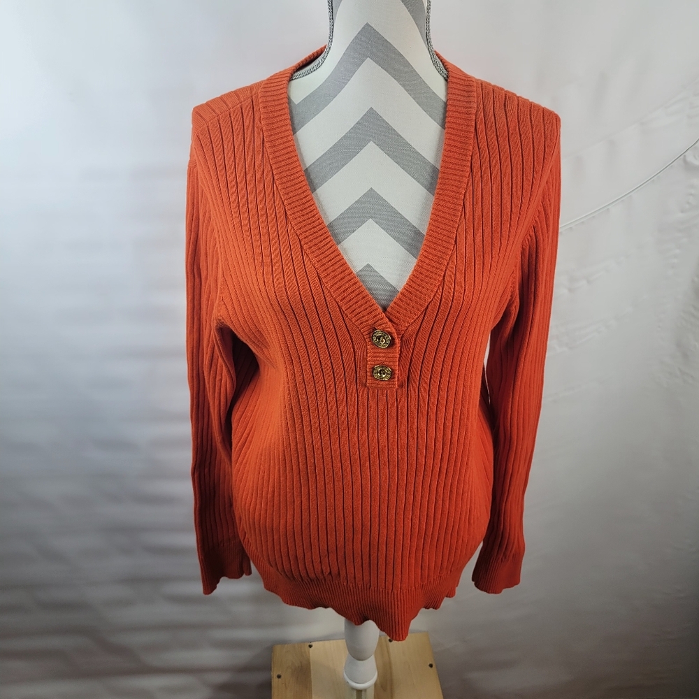 Lauren Jeans Company Orange V Neck Ribbed 100% Cotton 2 Button Sweater Size XL